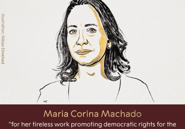 w&eacute;n&eacute;su&rsquo;&eacute;laning d&eacute;mokratiye k&uuml;reshchisi mariya korina machado 2025-yilliq nob&eacute;l tinchliq mukapatigha &eacute;rishti